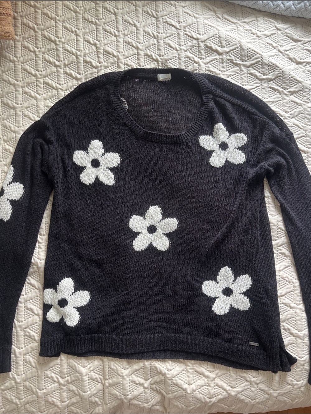 Garage Black Crewneck Sweater with White Daisy Motif